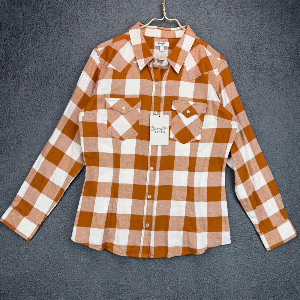 Wrangler Retro Mens Large Orange White Buffalo Plaid Western Snap Flannel Shirt